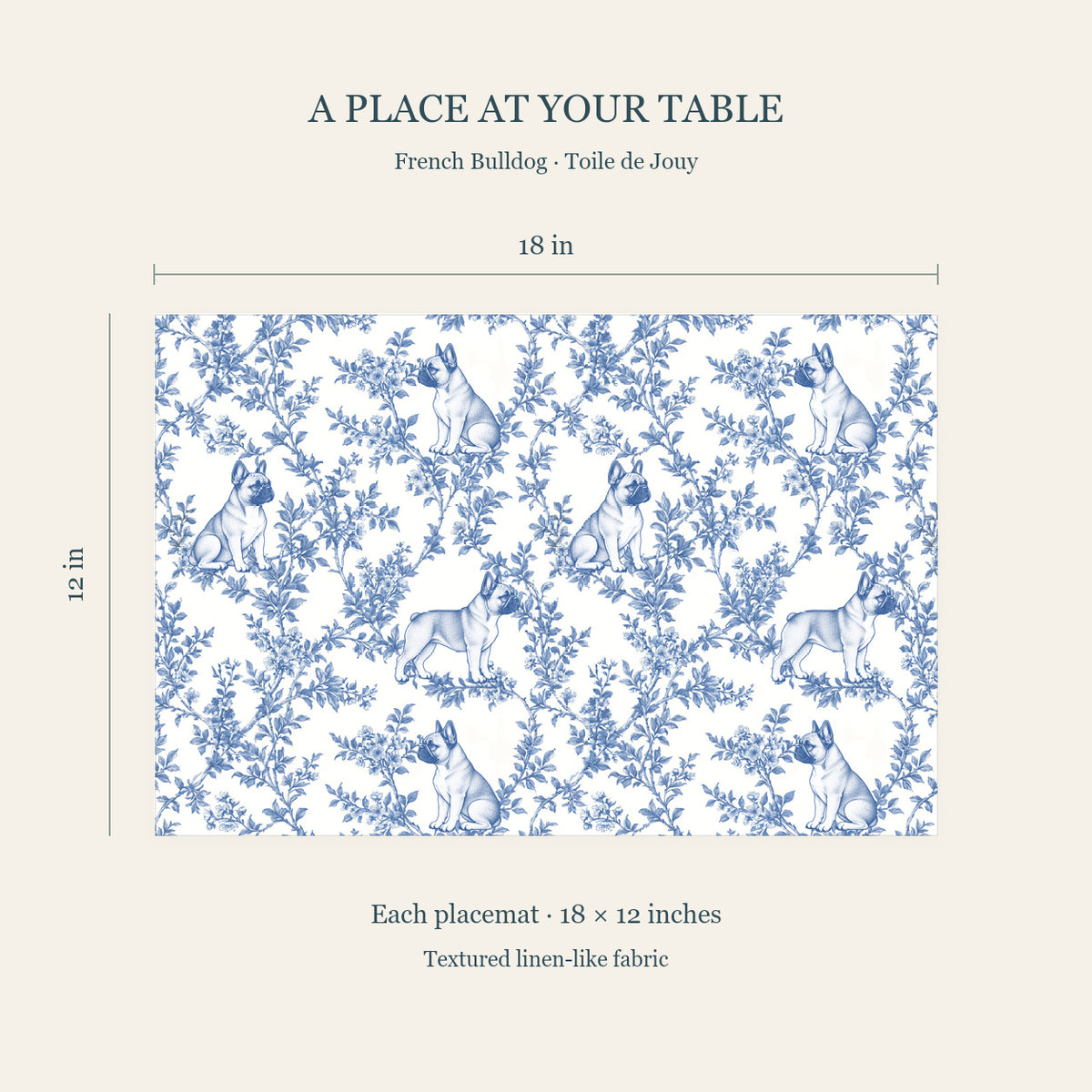 French Bulldog blue toile placemat — Dimensions, smaller pattern