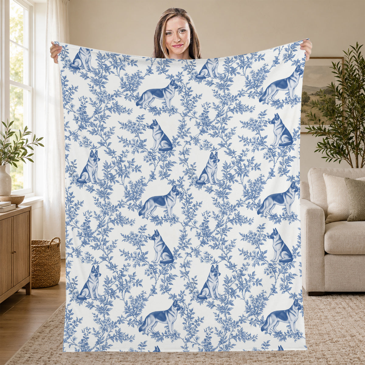 German Shepherd Dog toile de Jouy blanket - Blue Blanket Held Living Room