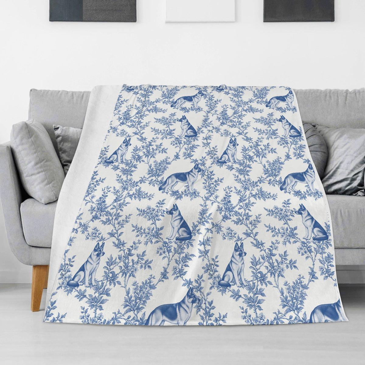 German Shepherd Dog toile de Jouy blanket - Blue Blanket Sofa