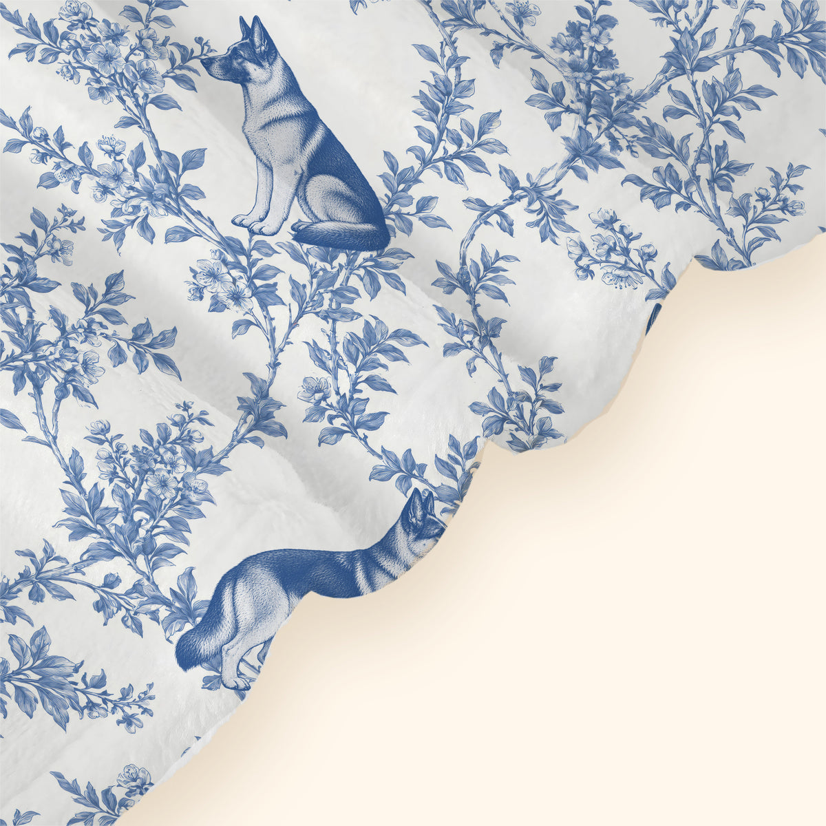 German Shepherd Dog toile de Jouy blanket - Blue Blanket Hem Closeup
