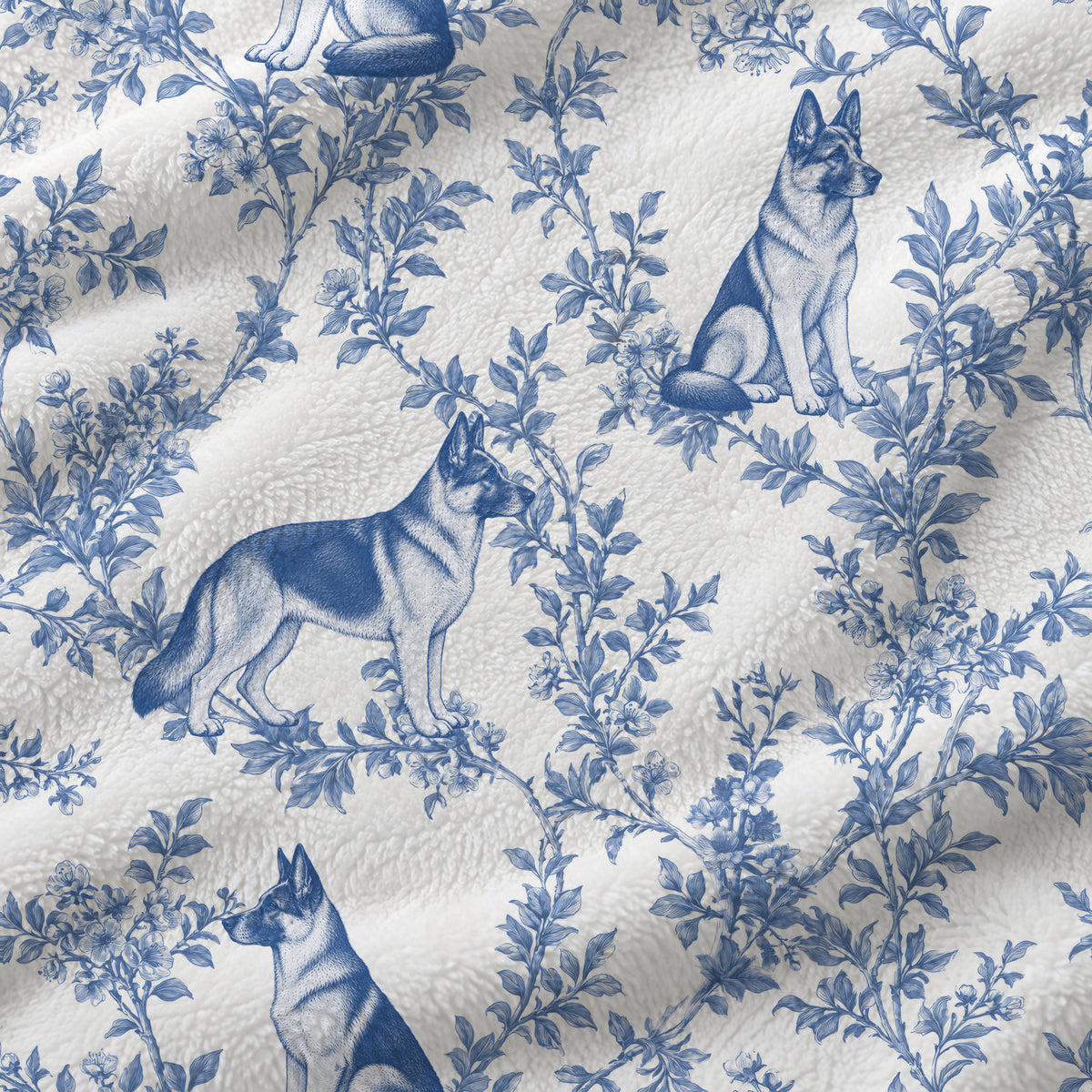 German Shepherd Dog toile de Jouy blanket - Blue Blanket Fabric Closeup