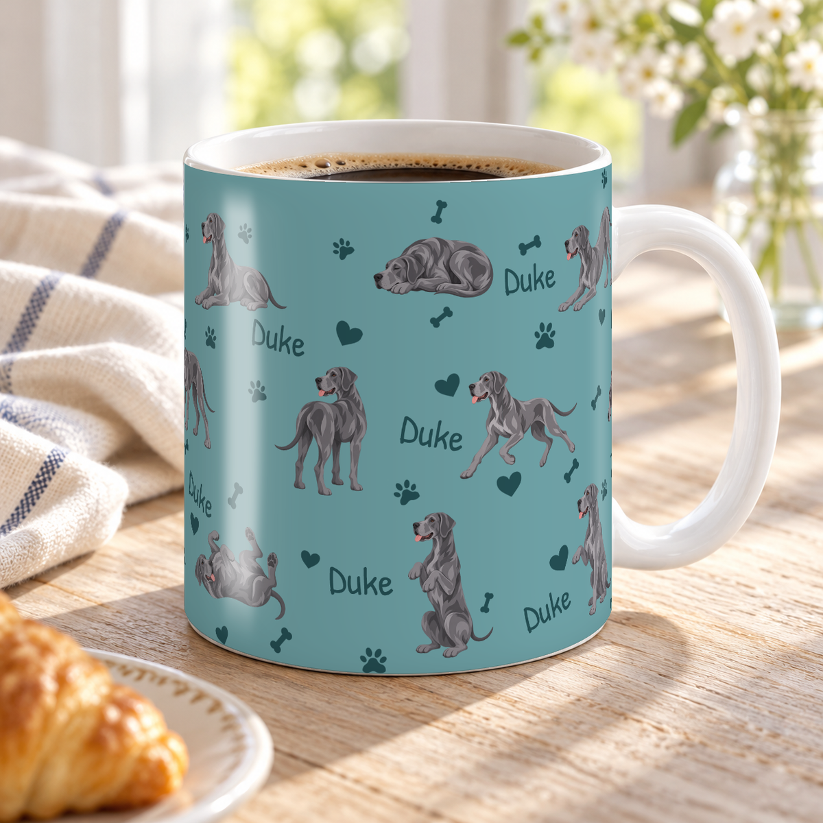 Great Dane personalized name mug — Muted Teal Lifestyle