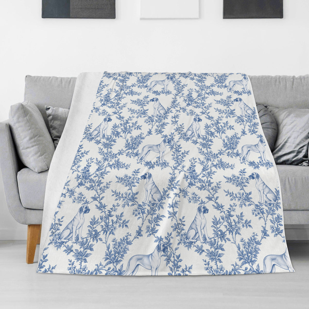 Great Dane toile de Jouy blanket - Blue Blanket Sofa