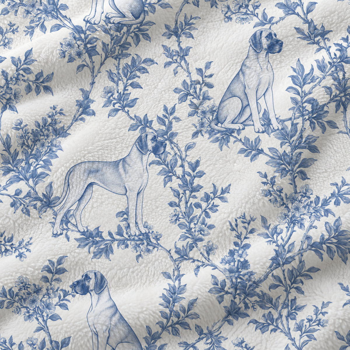 Great Dane toile de Jouy blanket - Blue Blanket Fabric Closeup