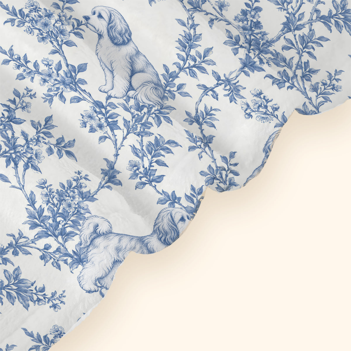 Havanese toile de Jouy blanket - Blue Blanket Hem Closeup