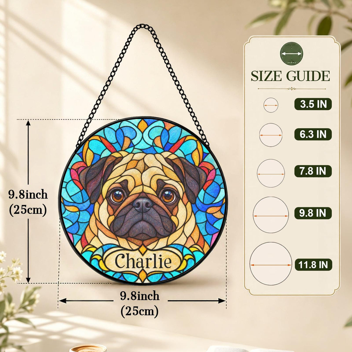 Personalized Pug Suncatcher Custom Name Pet Suncatcher Window Hanging