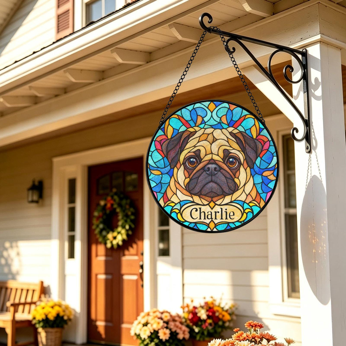 Personalized Pug Suncatcher Custom Name Pet Suncatcher Window Hanging