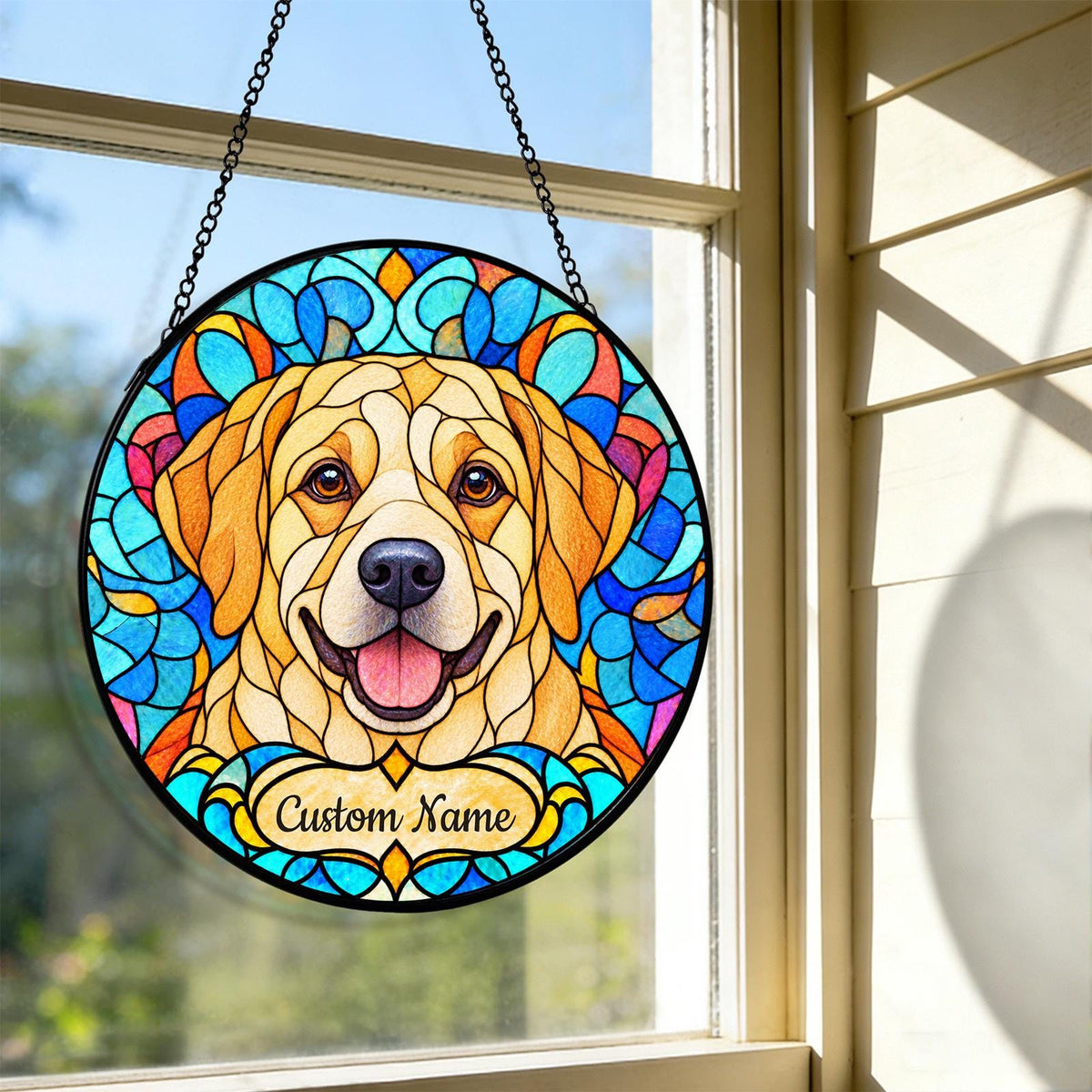 Personalized Labrador Retriever Suncatcher, Custom Name, Floral Stained Glass Window Hanging