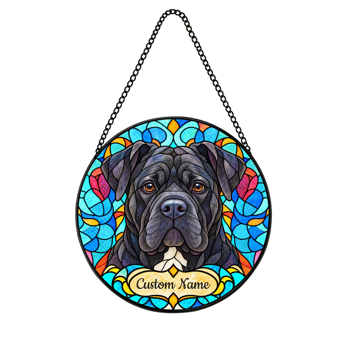 Personalized Cane Corso Suncatcher, Custom Name, Floral Stained Glass Window Hanging