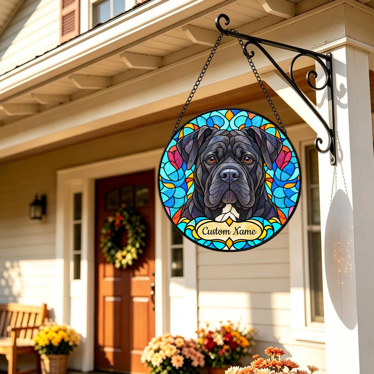 Personalized Cane Corso Suncatcher, Custom Name, Floral Stained Glass Window Hanging