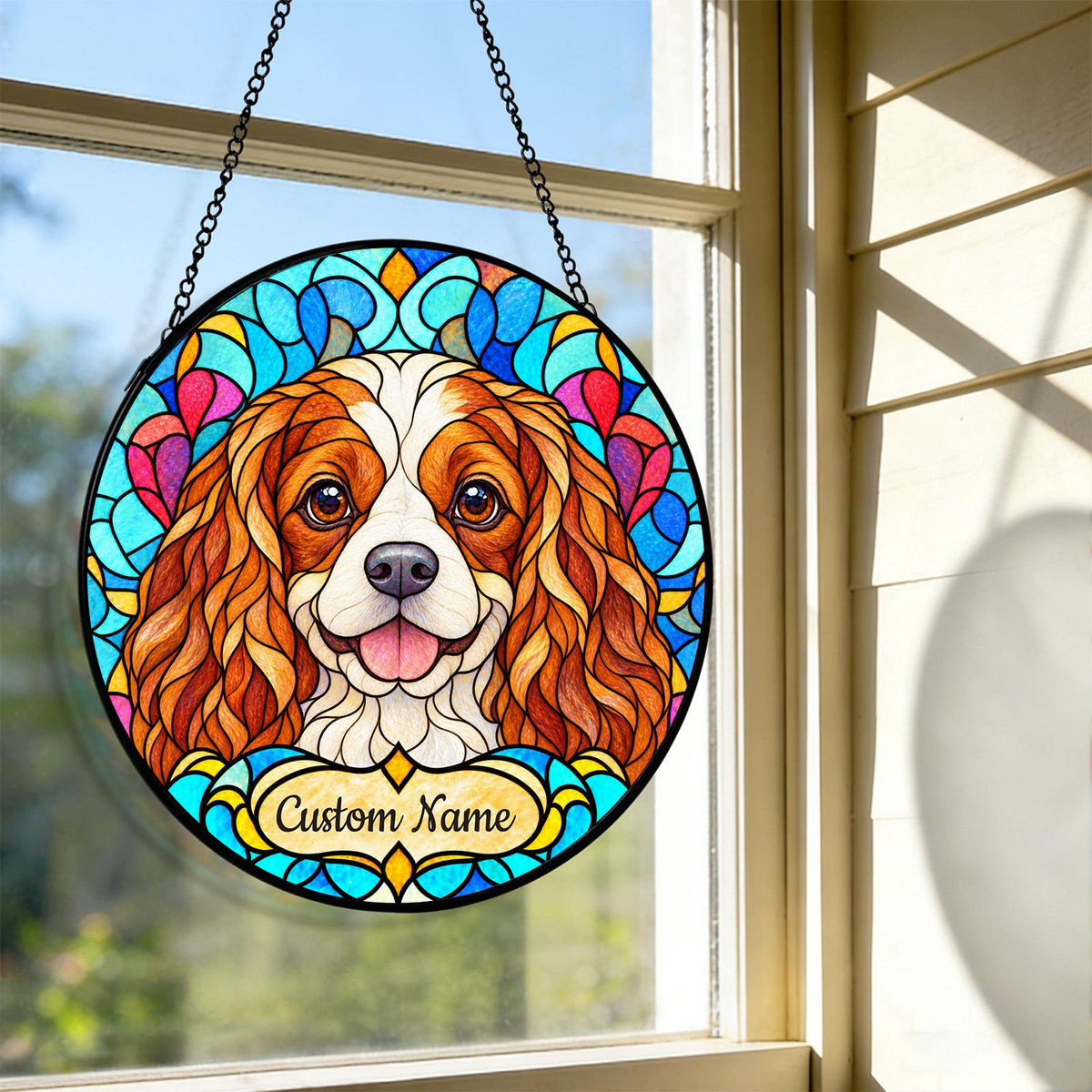 Personalized Cavalier King Charles Spaniel Suncatcher, Custom Name, Floral Stained Glass Window Hanging