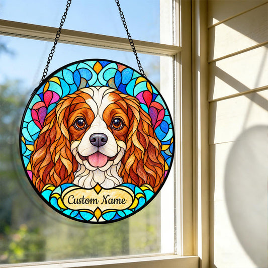 Personalized Cavalier King Charles Spaniel Suncatcher, Custom Name, Floral Stained Glass Window Hanging
