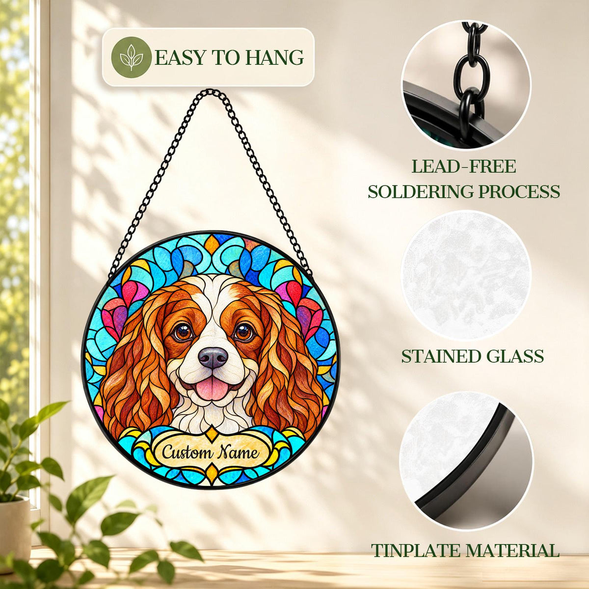 Personalized Cavalier King Charles Spaniel Suncatcher, Custom Name, Floral Stained Glass Window Hanging