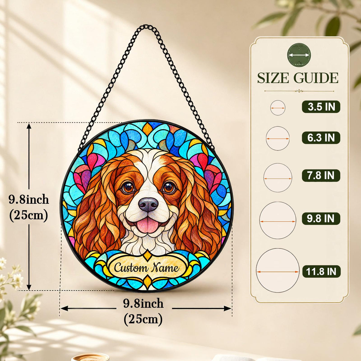 Personalized Cavalier King Charles Spaniel Suncatcher, Custom Name, Floral Stained Glass Window Hanging
