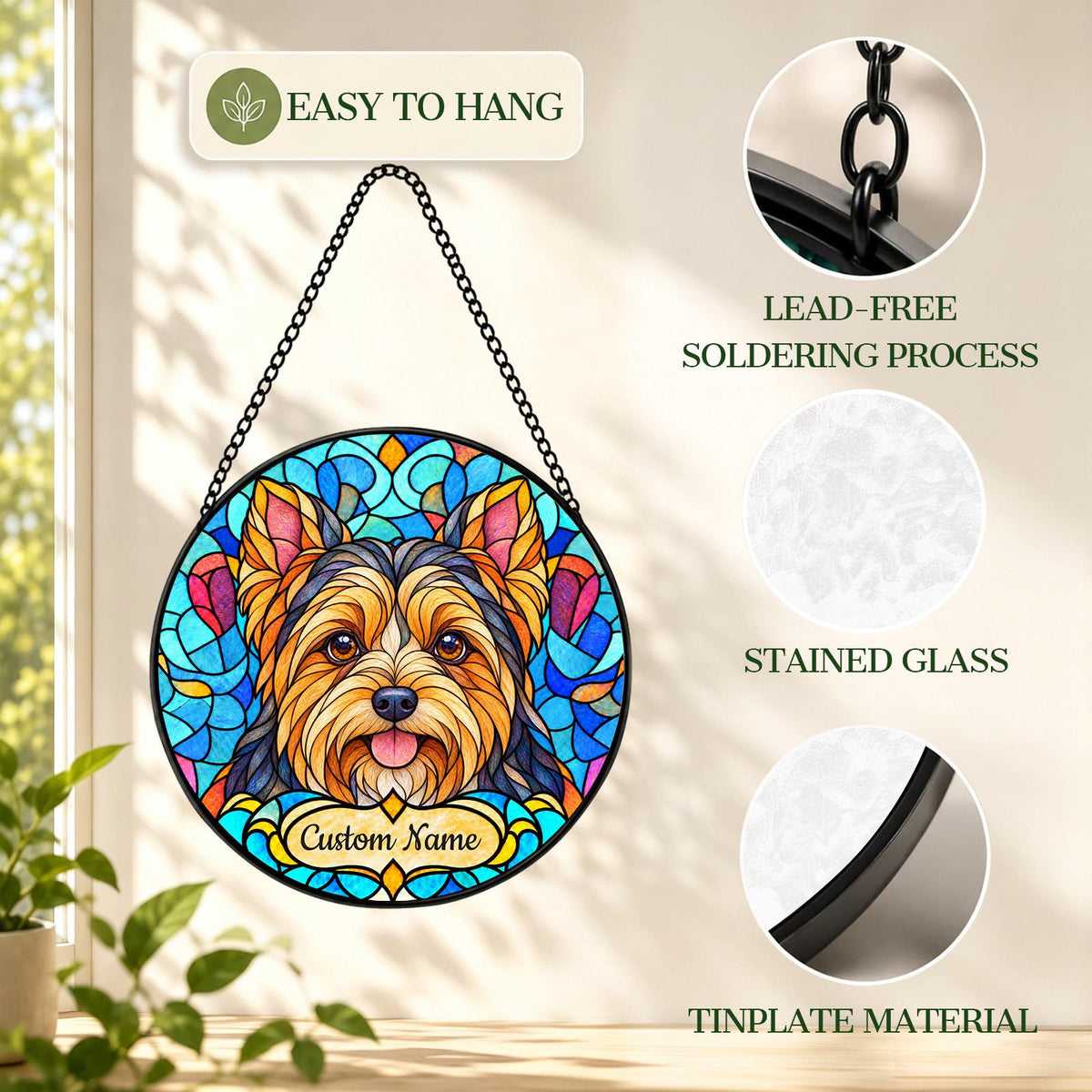 Personalized Yorkshire Terrier Suncatcher, Custom Name, Floral Stained Glass Window Hanging