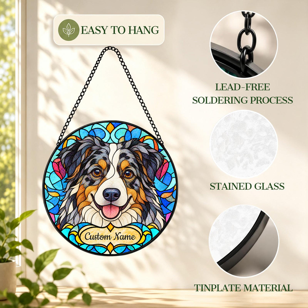 Personalized Australian Shepherd Suncatcher, Custom Name, Floral Stained Glass Window Hanging
