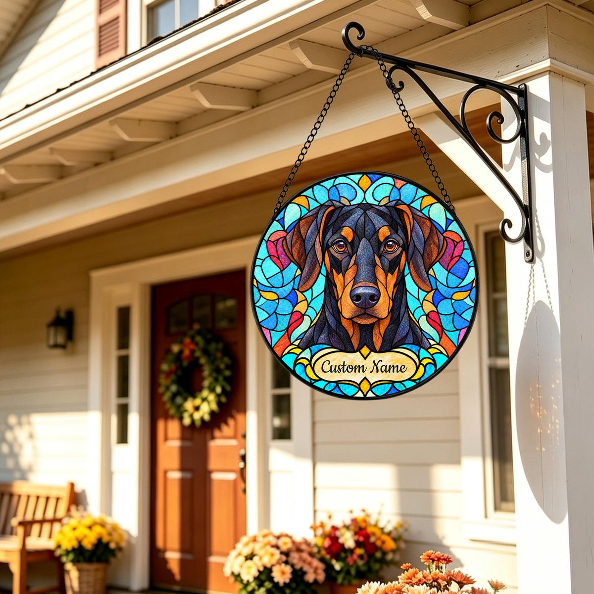 Personalized Doberman Pinscher Suncatcher, Custom Name, Floral Stained Glass Window Hanging