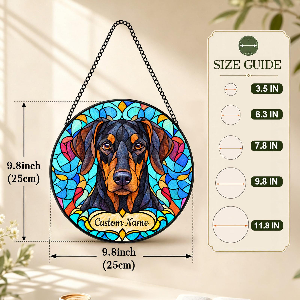 Personalized Doberman Pinscher Suncatcher, Custom Name, Floral Stained Glass Window Hanging