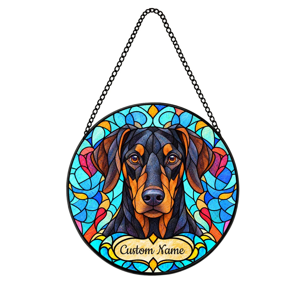 Personalized Doberman Pinscher Suncatcher, Custom Name, Floral Stained Glass Window Hanging