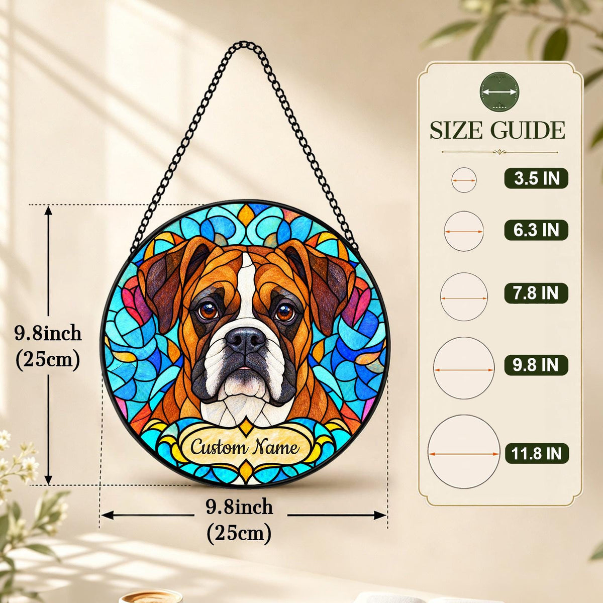Personalized Boxer Dog Suncatcher, Custom Name, Floral Stained Glass Window Hanging