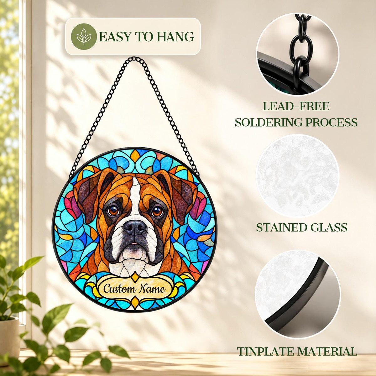 Personalized Boxer Dog Suncatcher, Custom Name, Floral Stained Glass Window Hanging