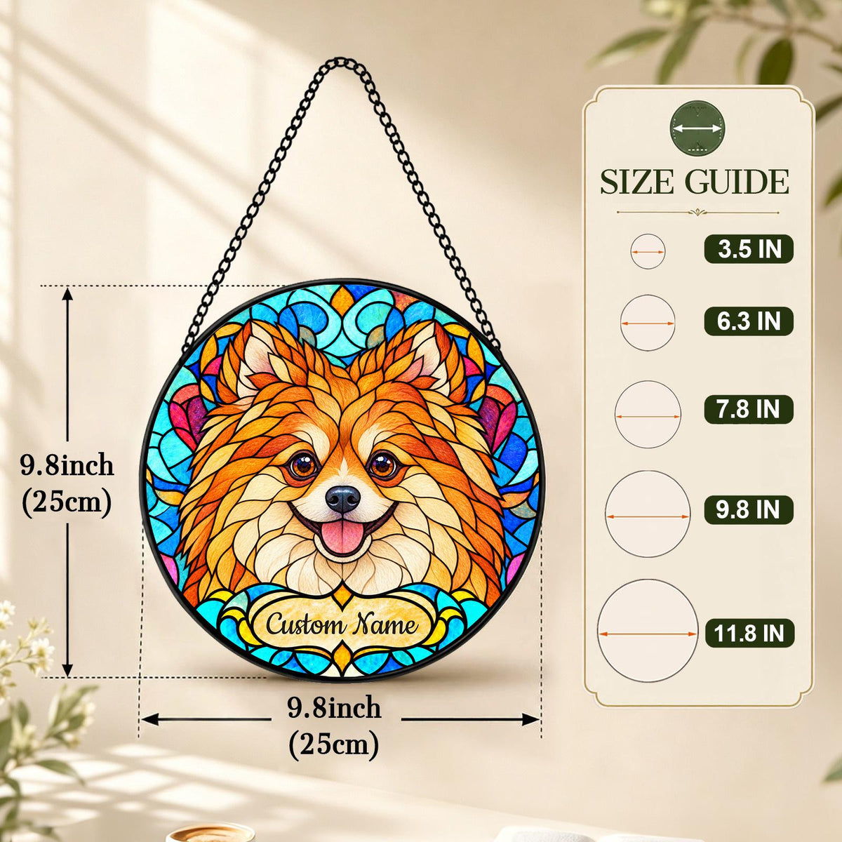 Personalized Pomeranian Suncatcher, Custom Name, Floral Stained Glass Window Hanging