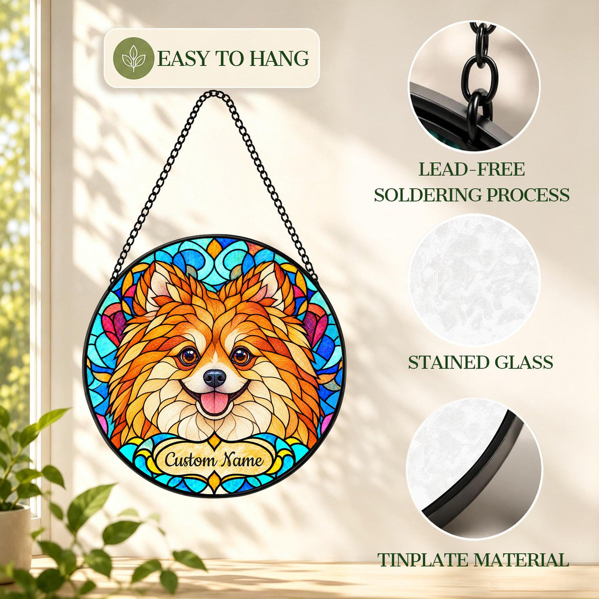 Personalized Pomeranian Suncatcher, Custom Name, Floral Stained Glass Window Hanging