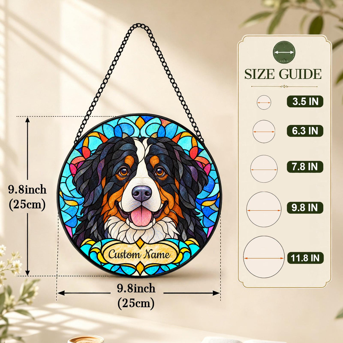 Personalized Bernese Mountain Dog Suncatcher, Custom Name, Floral Stained Glass Window Hanging