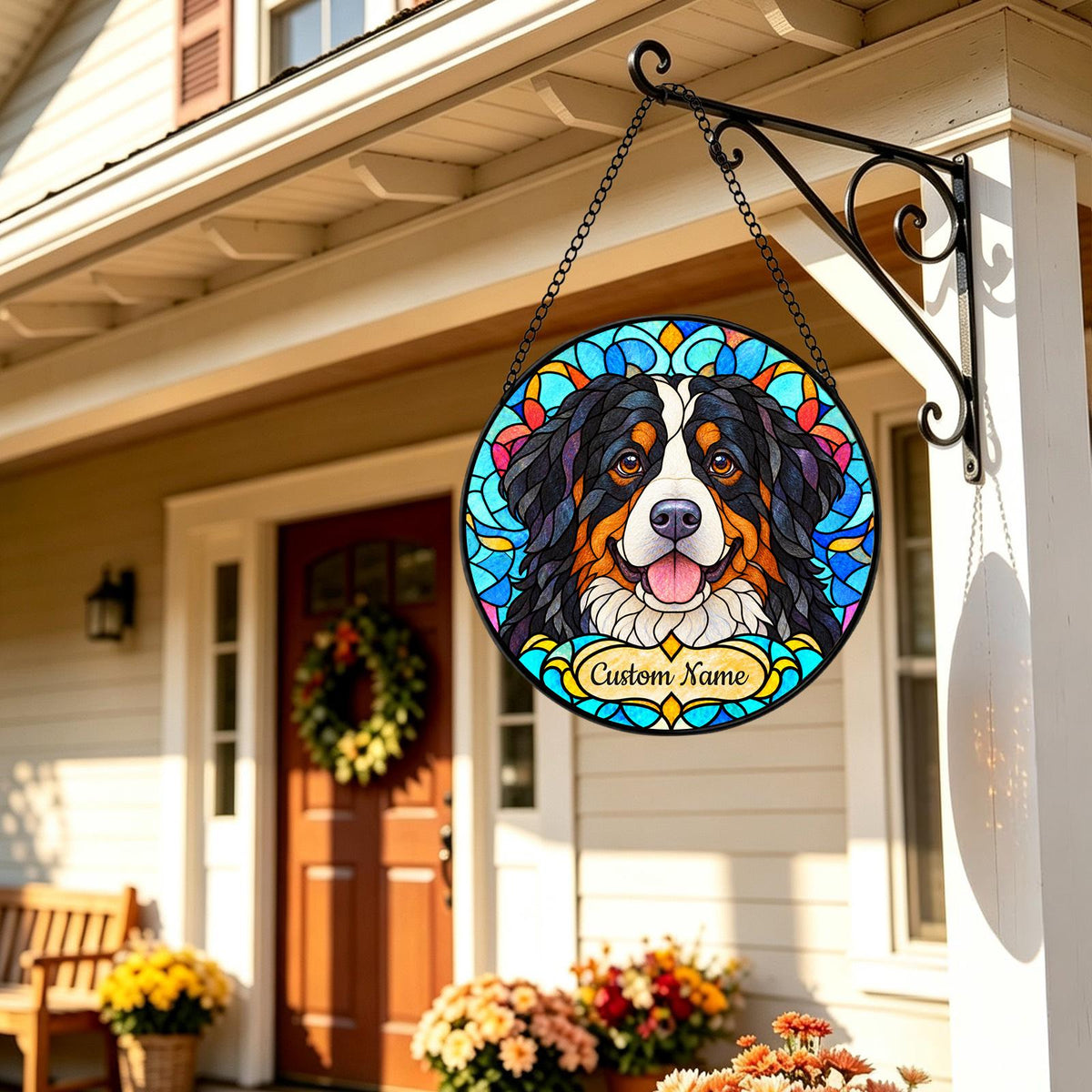 Personalized Bernese Mountain Dog Suncatcher, Custom Name, Floral Stained Glass Window Hanging