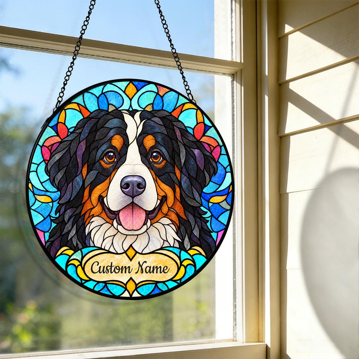 Personalized Bernese Mountain Dog Suncatcher, Custom Name, Floral Stained Glass Window Hanging