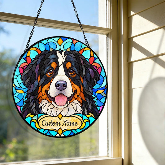 Personalized Bernese Mountain Dog Suncatcher, Custom Name, Floral Stained Glass Window Hanging
