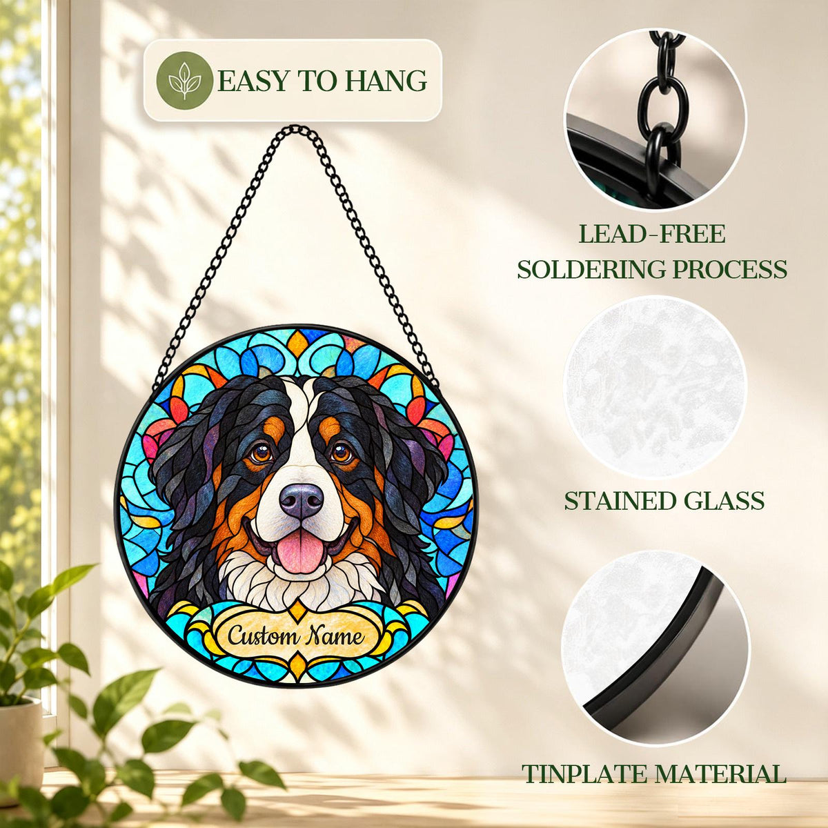 Personalized Bernese Mountain Dog Suncatcher, Custom Name, Floral Stained Glass Window Hanging