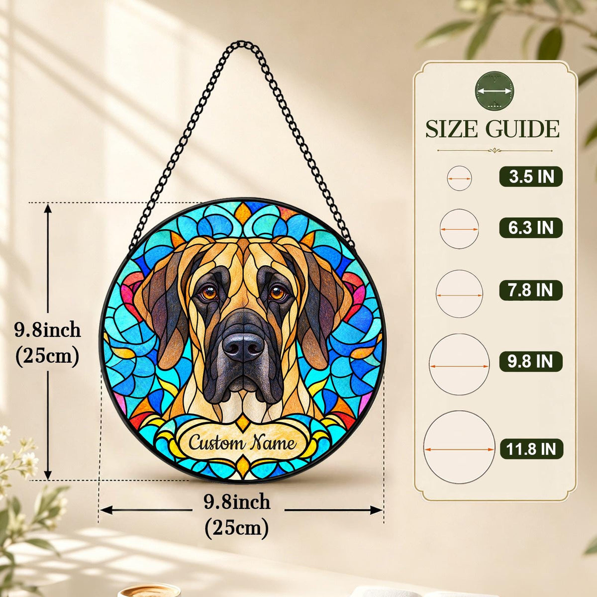 Personalized Great Dane Suncatcher, Custom Name, Floral Stained Glass Window Hanging