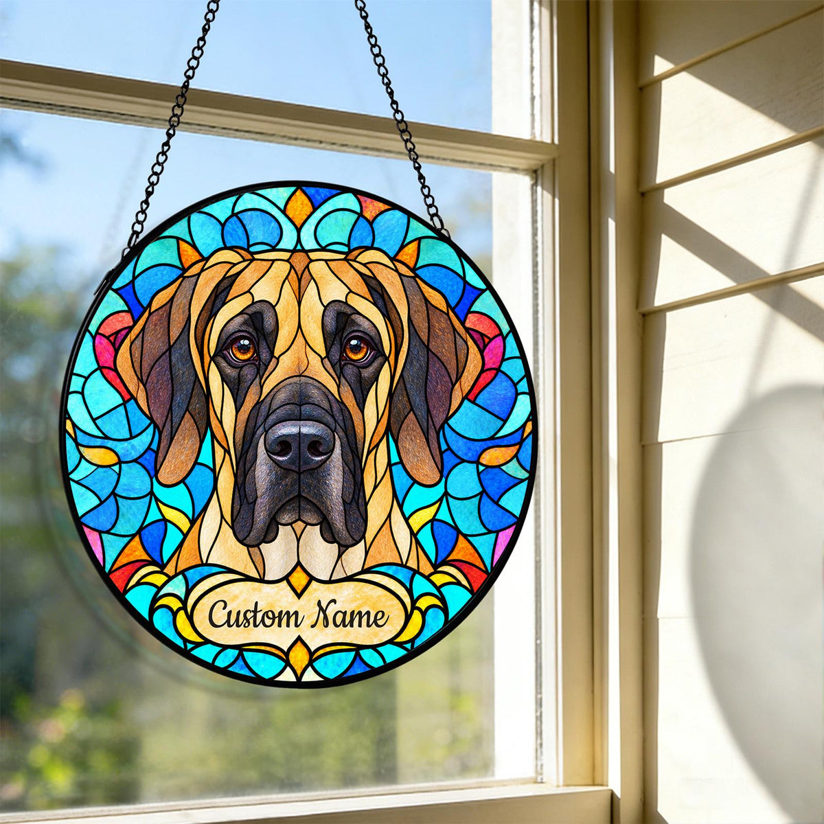 Personalized Great Dane Suncatcher, Custom Name, Floral Stained Glass Window Hanging