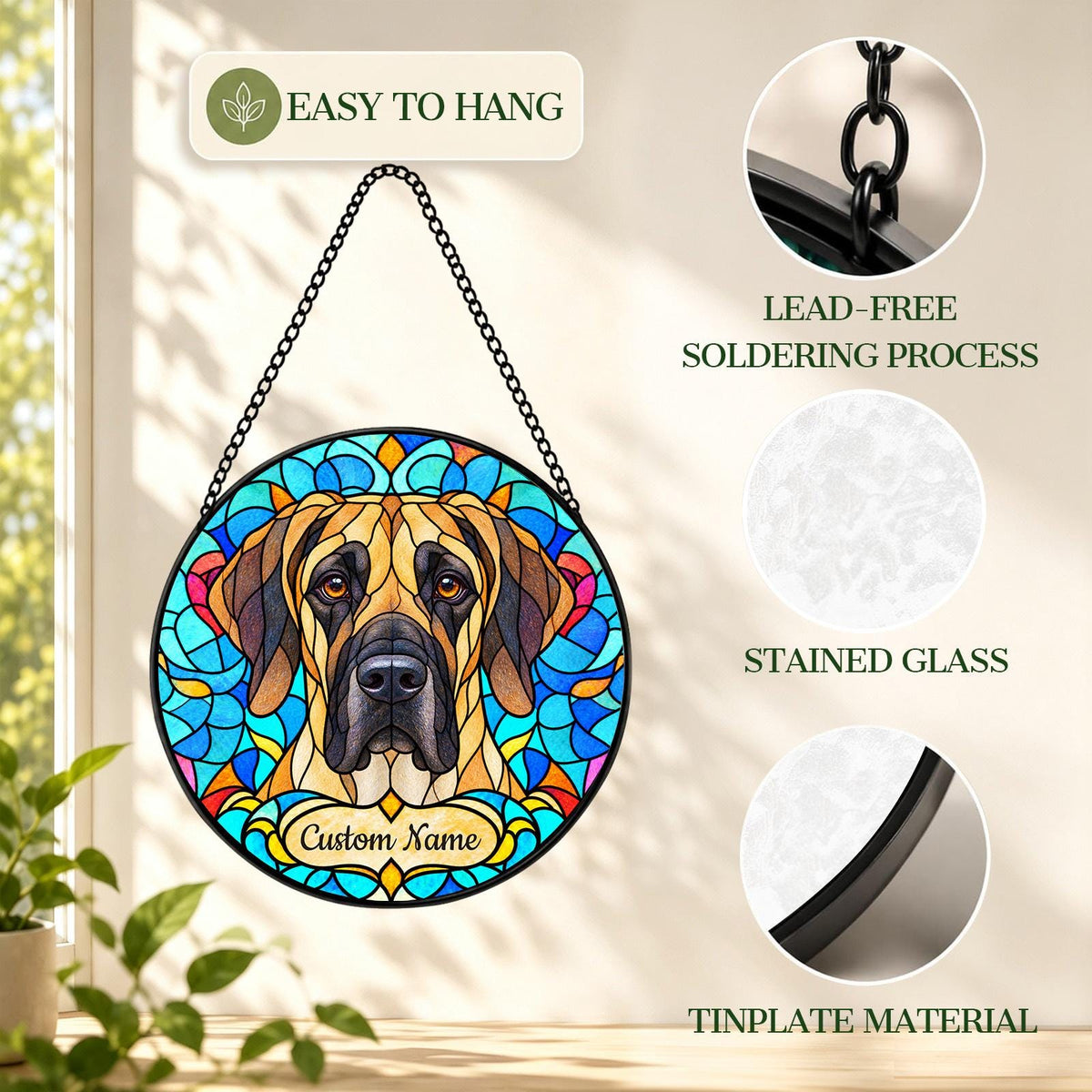 Personalized Great Dane Suncatcher, Custom Name, Floral Stained Glass Window Hanging