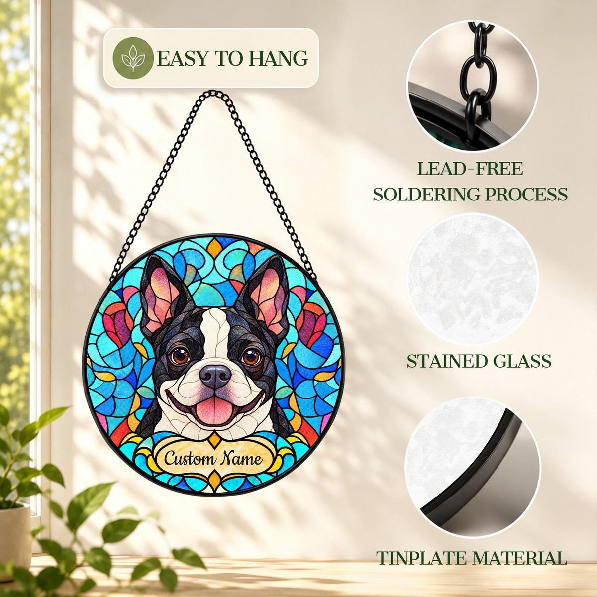 Personalized Boston Terrier Suncatcher, Custom Name, Floral Stained Glass Window Hanging