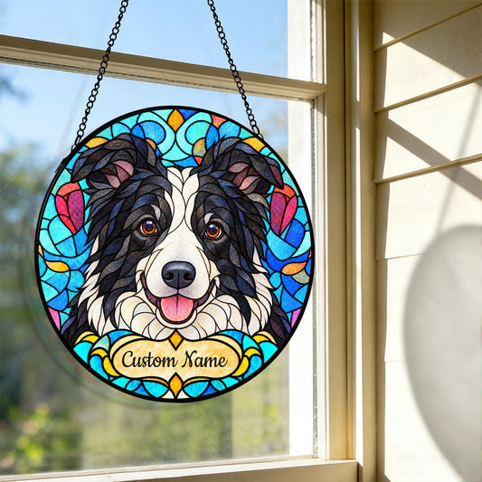 Personalized Border Collie Suncatcher, Custom Name, Floral Stained Glass Window Hanging
