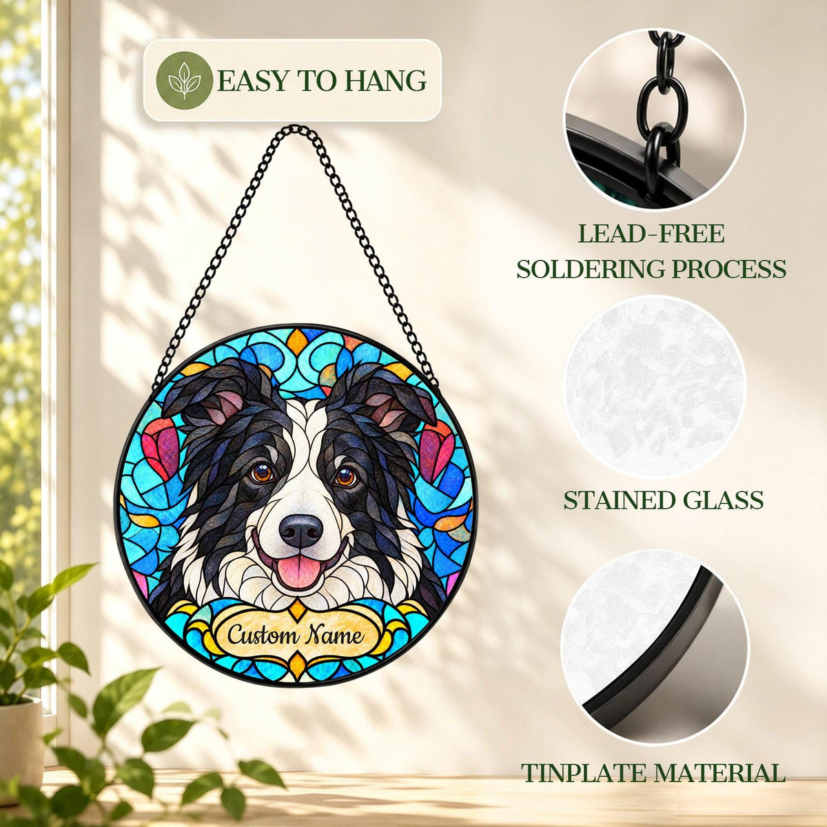 Personalized Border Collie Suncatcher, Custom Name, Floral Stained Glass Window Hanging