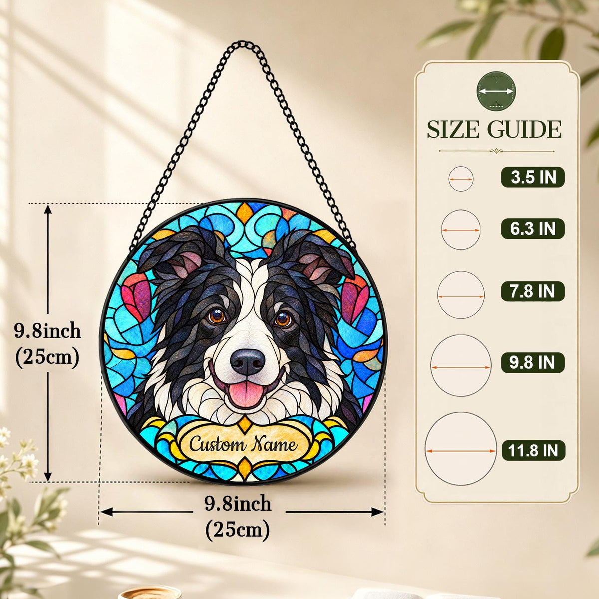 Personalized Border Collie Suncatcher, Custom Name, Floral Stained Glass Window Hanging