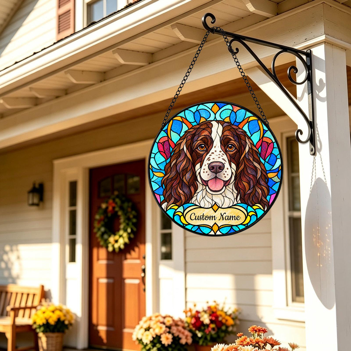 Personalized English Springer Spaniel Suncatcher, Custom Name, Floral Stained Glass Window Hanging