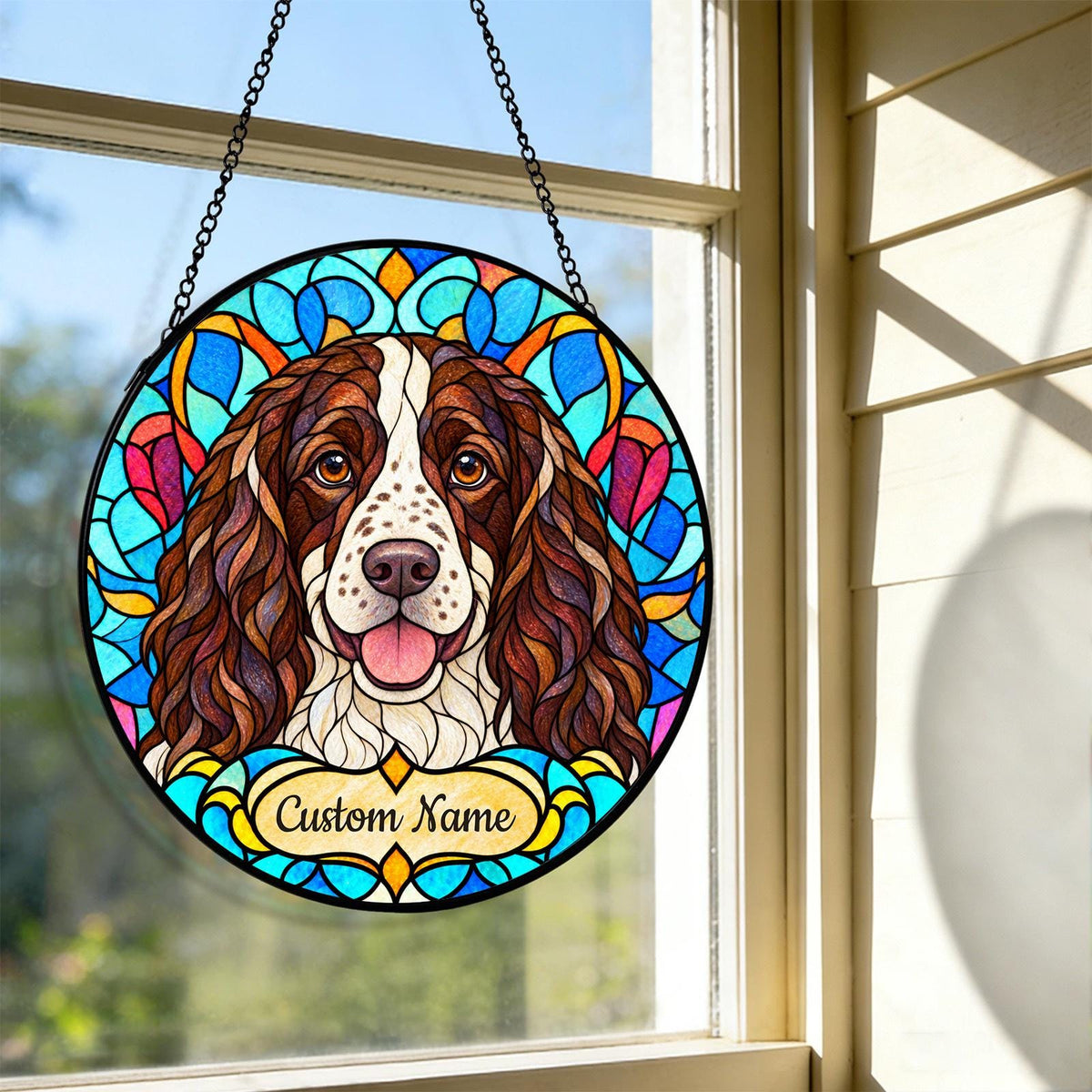 Personalized English Springer Spaniel Suncatcher, Custom Name, Floral Stained Glass Window Hanging