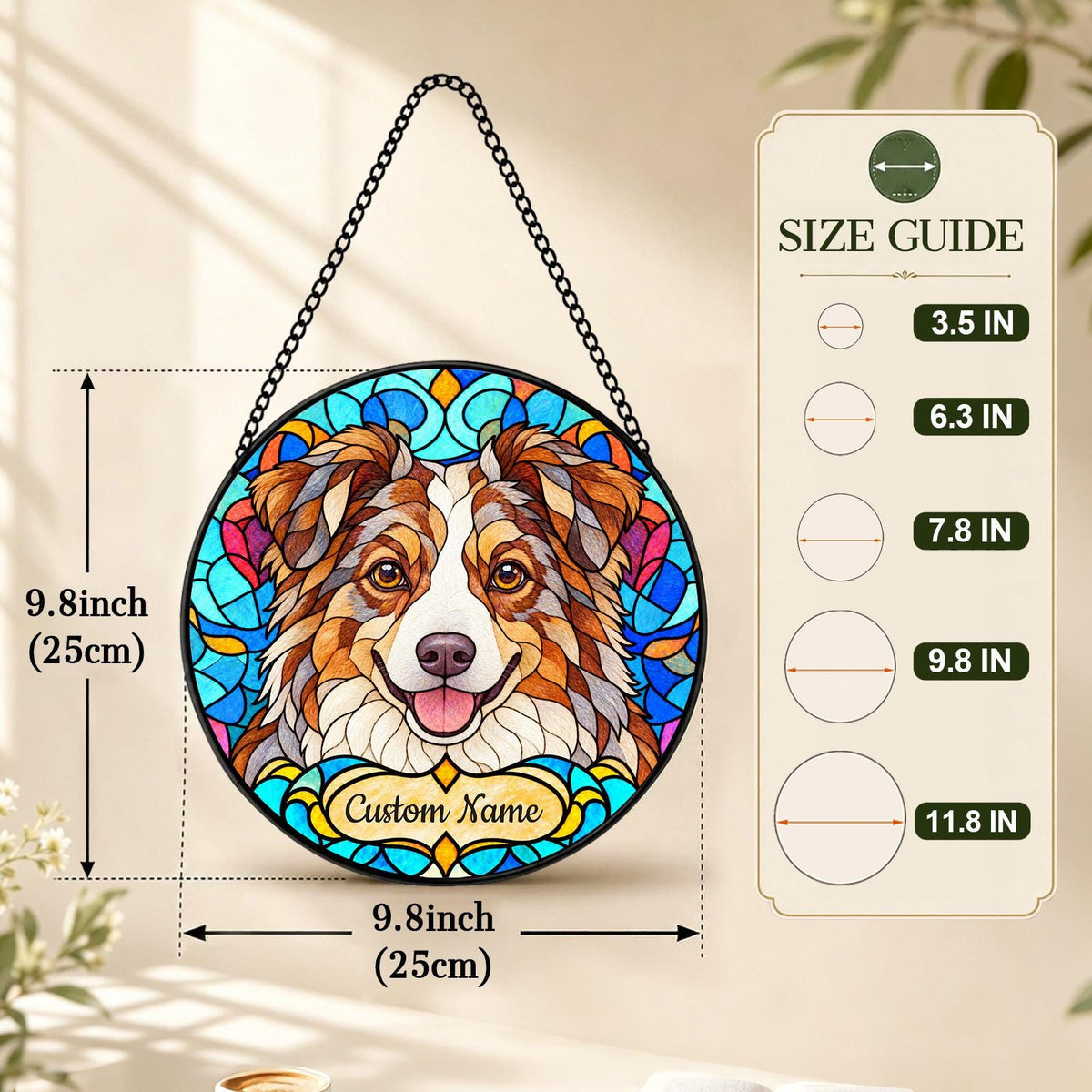 Personalized Miniature American Shepherd Suncatcher, Custom Name, Floral Stained Glass Window Hanging