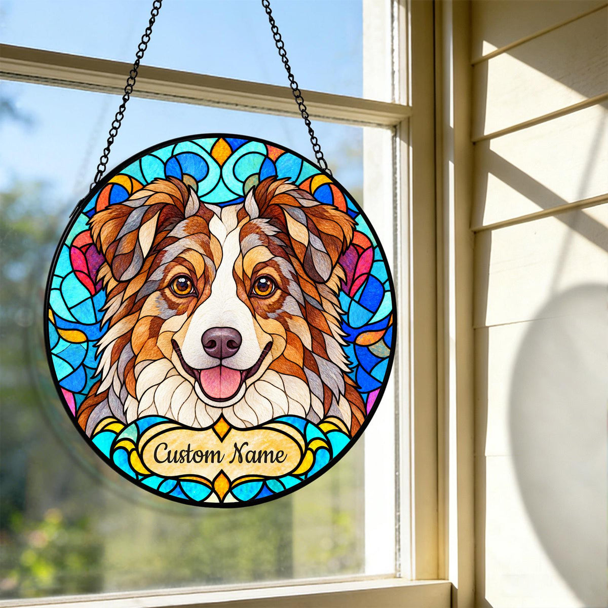 Personalized Miniature American Shepherd Suncatcher, Custom Name, Floral Stained Glass Window Hanging