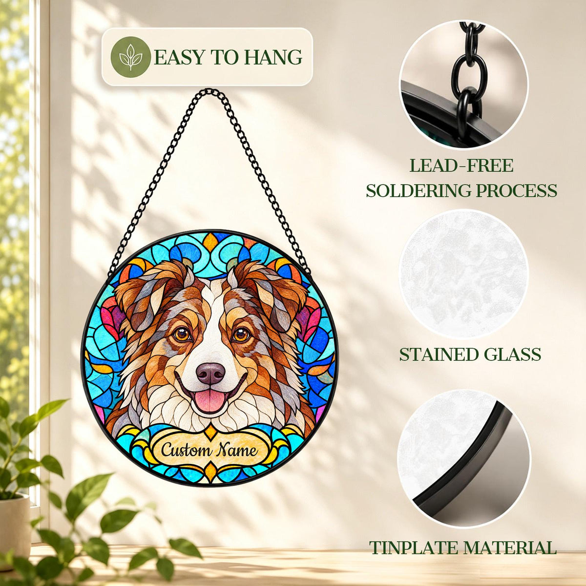 Personalized Miniature American Shepherd Suncatcher, Custom Name, Floral Stained Glass Window Hanging