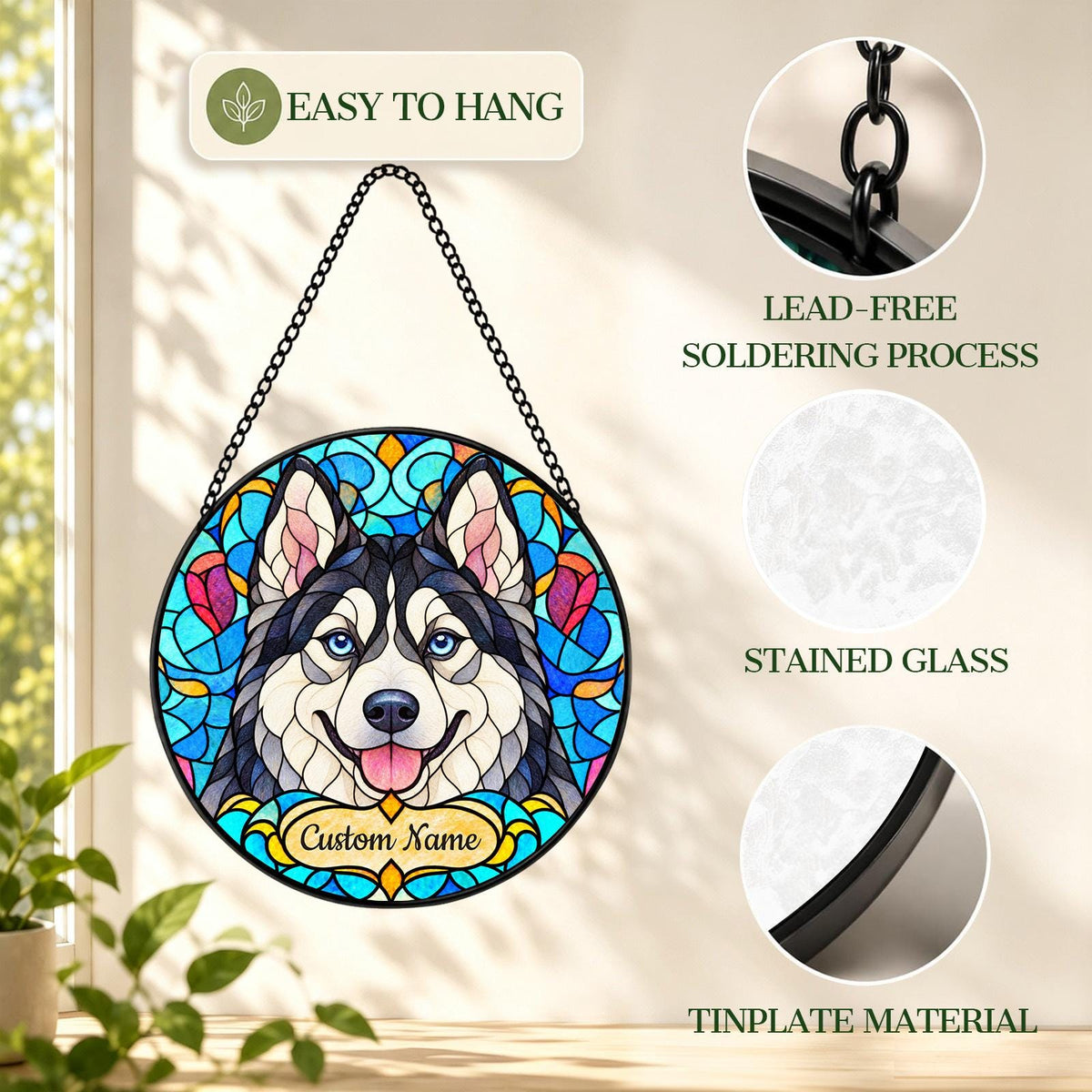 Personalized Siberian Husky Suncatcher, Custom Name, Floral Stained Glass Window Hanging