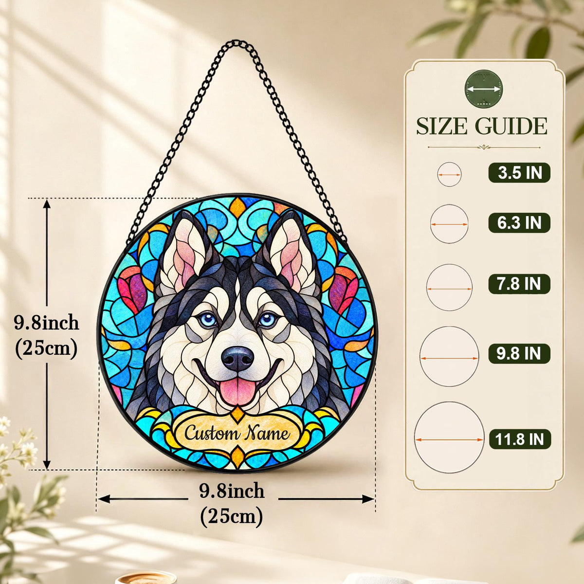 Personalized Siberian Husky Suncatcher, Custom Name, Floral Stained Glass Window Hanging