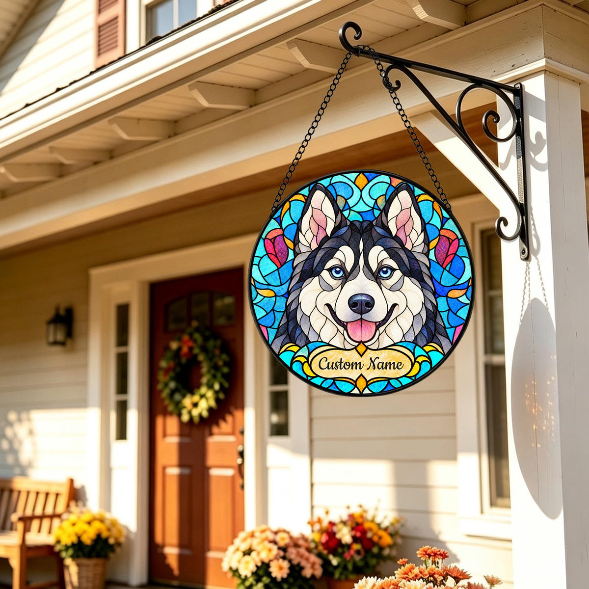 Personalized Siberian Husky Suncatcher, Custom Name, Floral Stained Glass Window Hanging