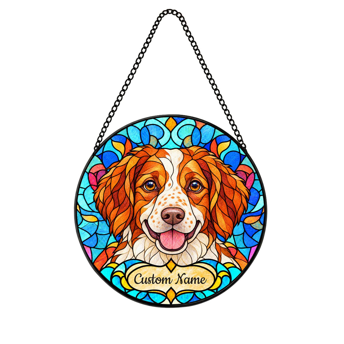 Personalized Brittany Dog Suncatcher, Custom Name, Floral Stained Glass Window Hanging
