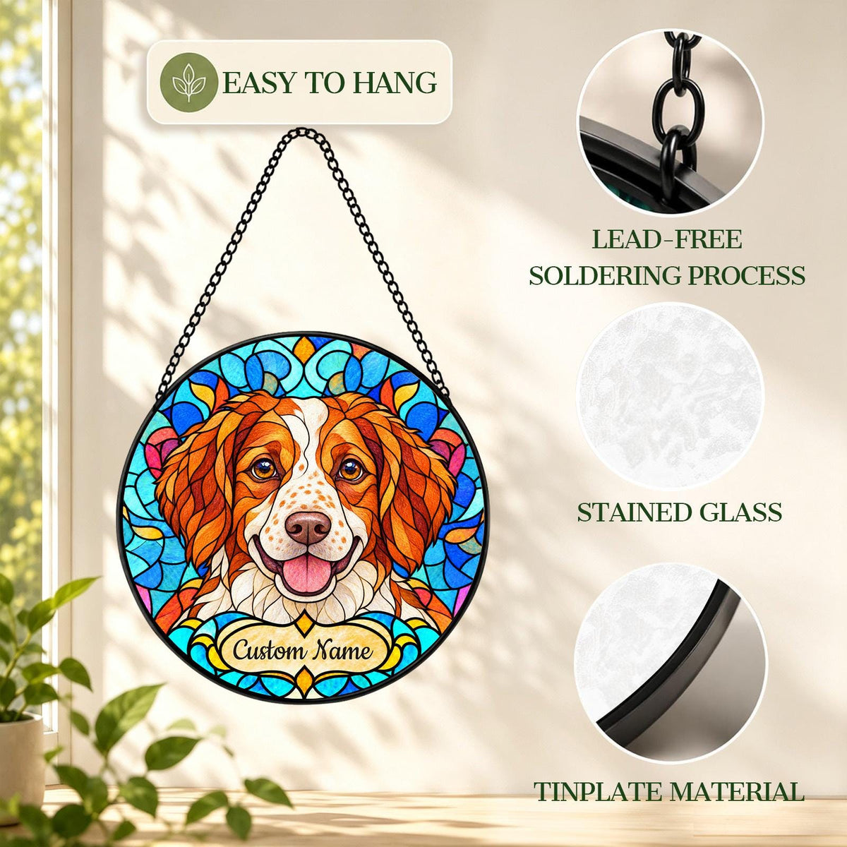 Personalized Brittany Dog Suncatcher, Custom Name, Floral Stained Glass Window Hanging