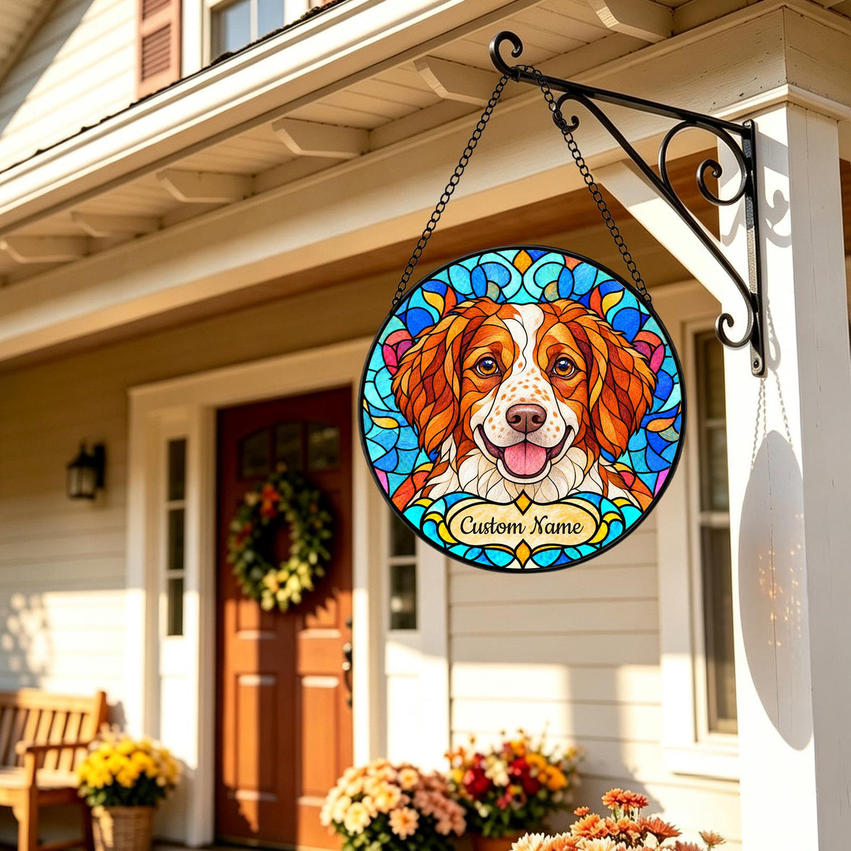 Personalized Brittany Dog Suncatcher, Custom Name, Floral Stained Glass Window Hanging